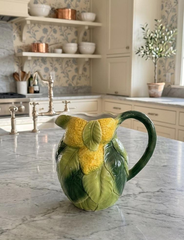 Italian Majolica Lemon Relief Pitcher | Vintage Nancy Meyers Kitchen Decor