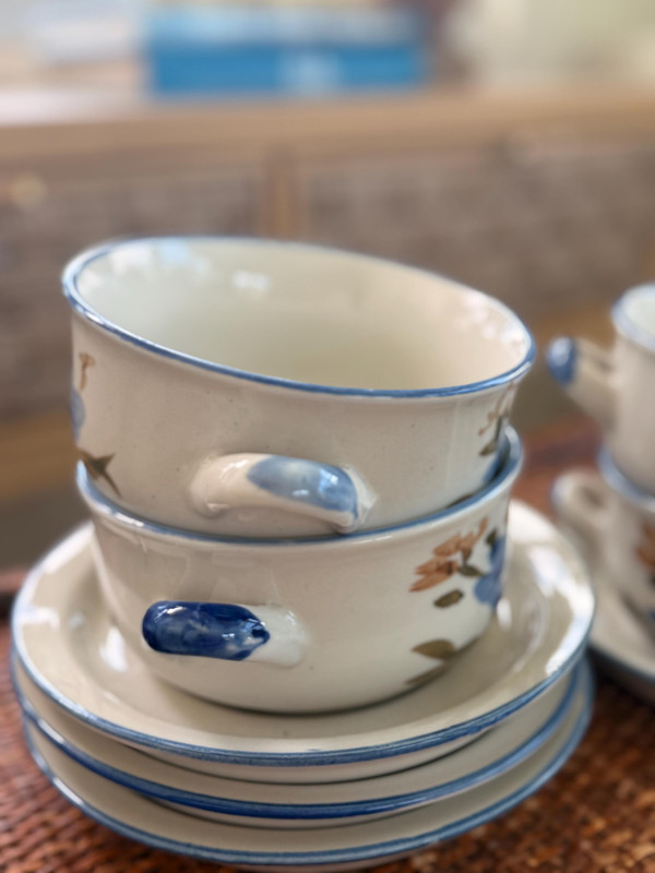 Vintage Blue Floral Soup Bowls with Saucers | 1970s Chi Jiang China Set