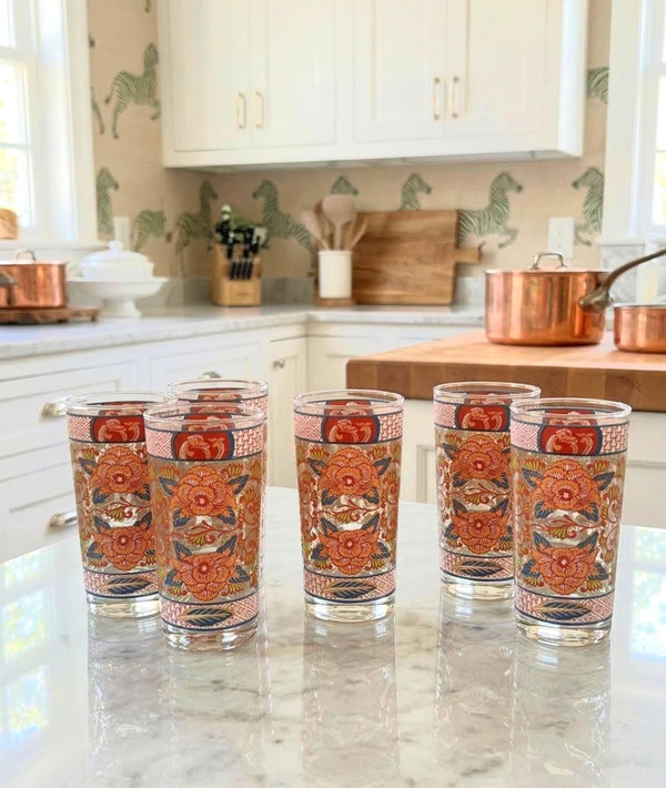 Georges Briard Imari Peonies Tumblers | Mid Century Modern Barware Set (6)