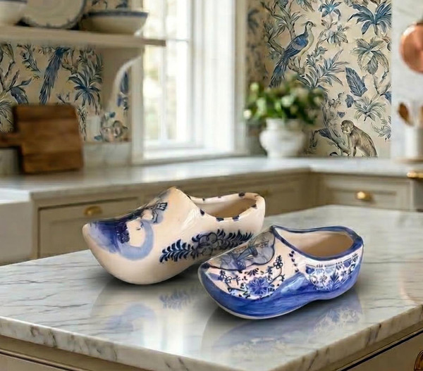 Vintage Delft Blue Ceramic Clogs | Hand Painted Dutch Windmill Pottery Home Decor