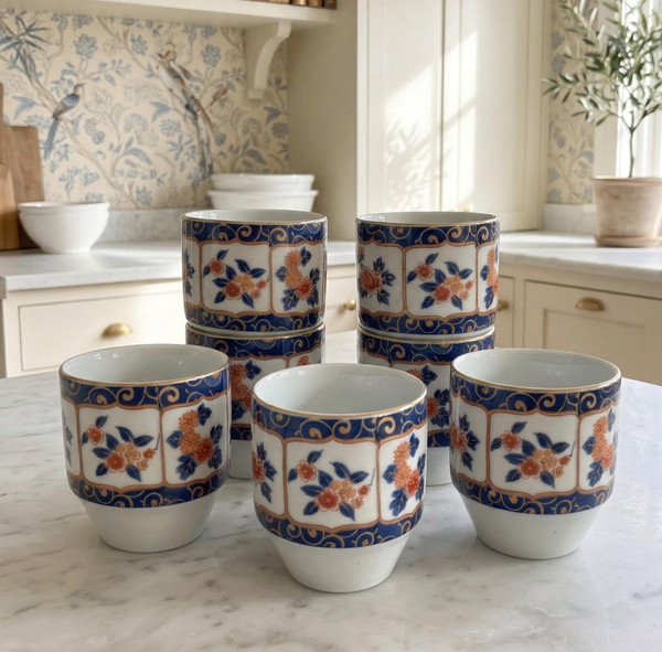 Set of 6 Vintage Japanese Imari Sake Cups | Chinoiserie Porcelain Barware