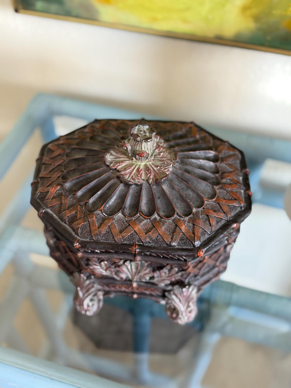 Faux Cinnabar Hexagonal Box | Vintage Bamboo Floral Trinket Jar | Hollywood Regency Style