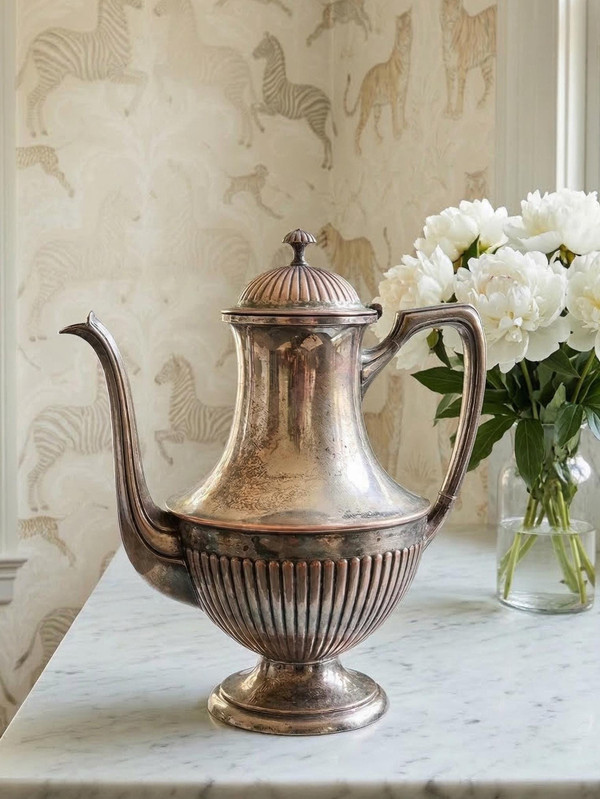 Vintage Silver Plated Coffee Pot | Neoclassical Fluted Teapot, 1940s Tabletop Decor