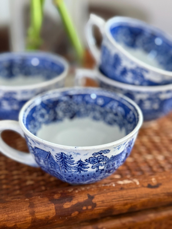 RARE Vintage Arabia Finland Maisema Blue Landscape Teacup Set of 4