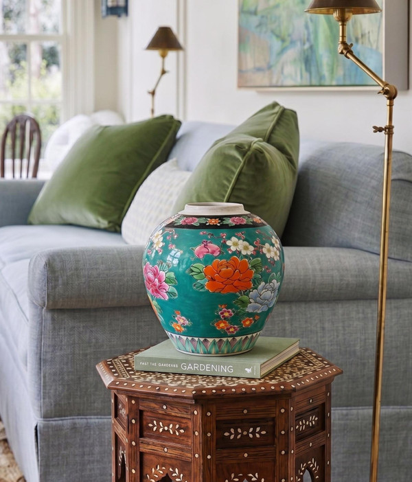 Japanese Turquoise Ginger Jar | Hand-Painted Chinoiserie Porcelain, Mid-Century Showa Era
