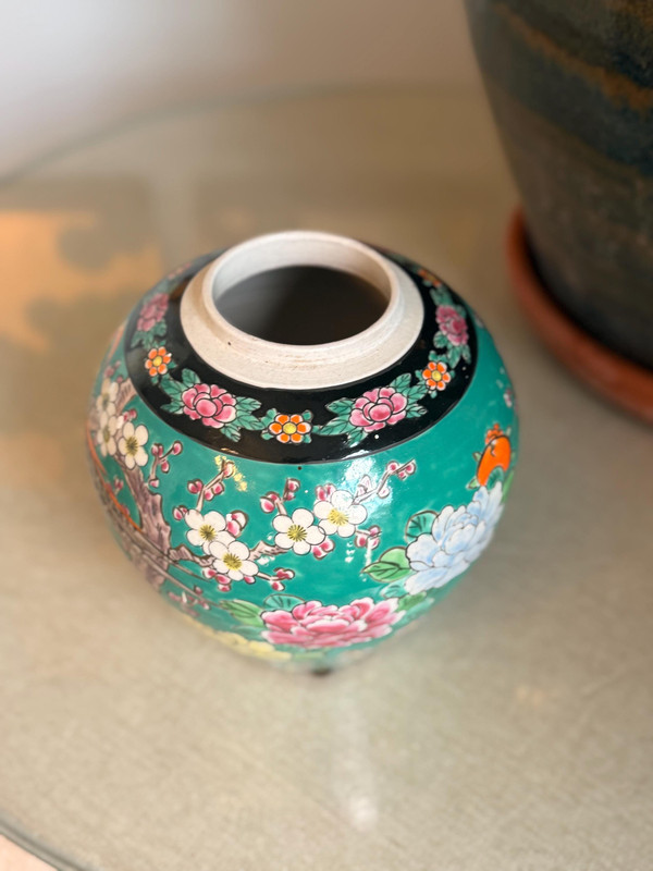 Japanese Turquoise Ginger Jar | Hand-Painted Chinoiserie Porcelain, Mid-Century Showa Era