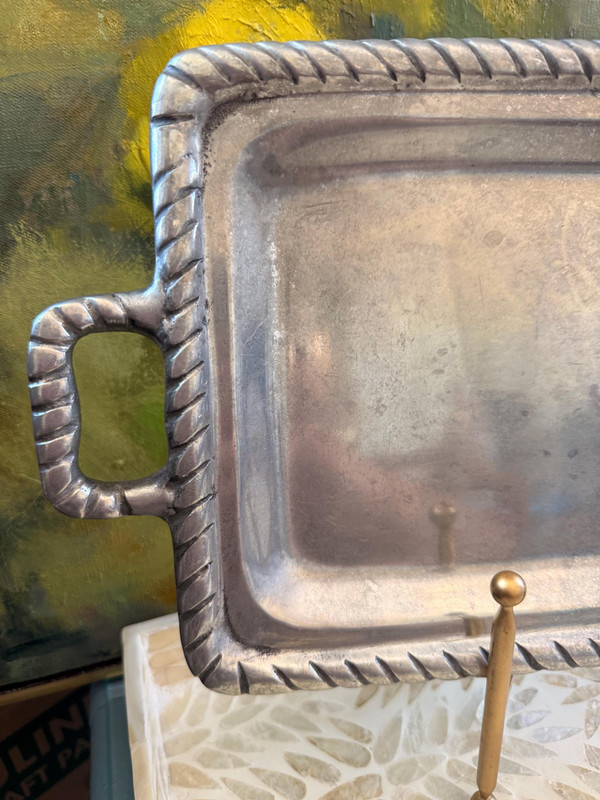 Vintage Pewter Serving Tray | Rope Edge, Sand-Cast Metal, Coastal Chic Home Decor