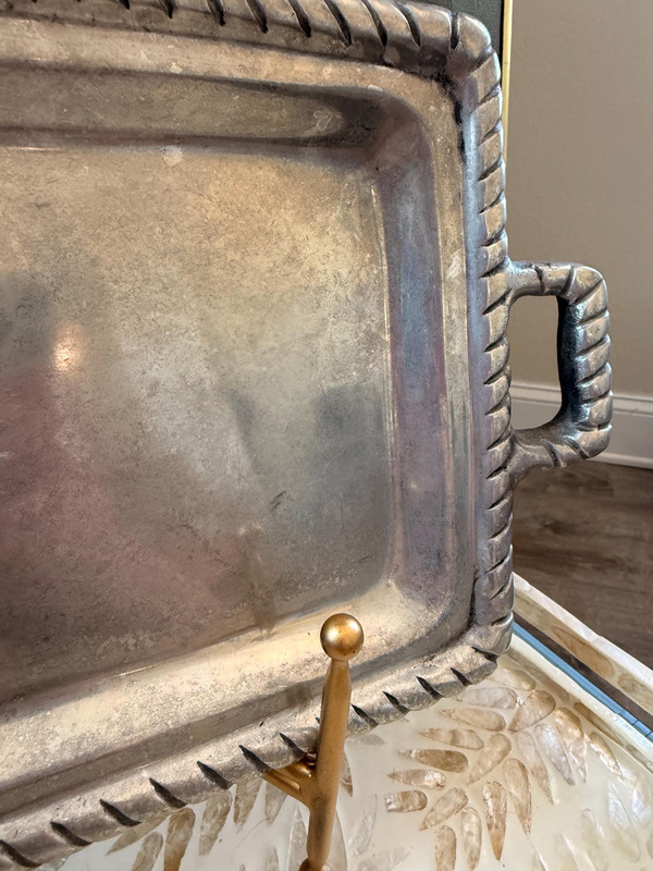 Vintage Pewter Serving Tray | Rope Edge, Sand-Cast Metal, Coastal Chic Home Decor