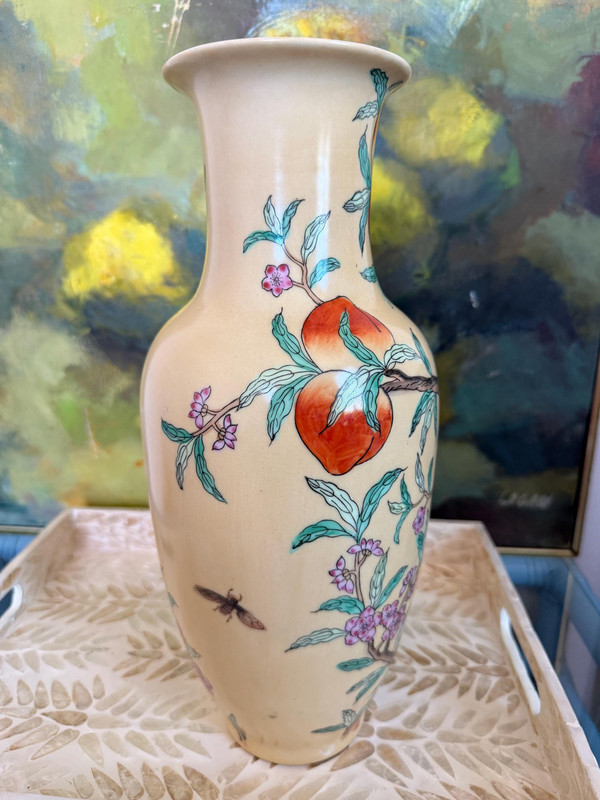 Vintage Chinese Peach Porcelain Vase | 1970s Chinoiserie Hand Painted Vessel