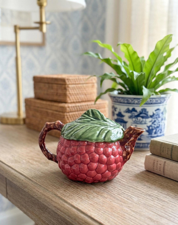 Vintage Majolica Raspberry Teapot | Grandmillennial Decor | Gift for Tea Lover | Portugal Pottery | 1990s Tableware