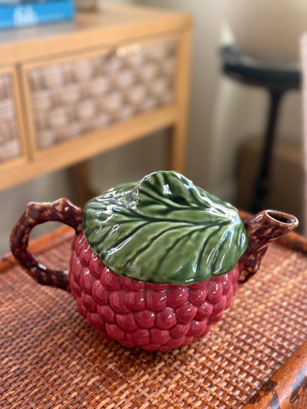 Vintage Majolica Raspberry Teapot | Grandmillennial Decor | Gift for Tea Lover | Portugal Pottery | 1990s Tableware