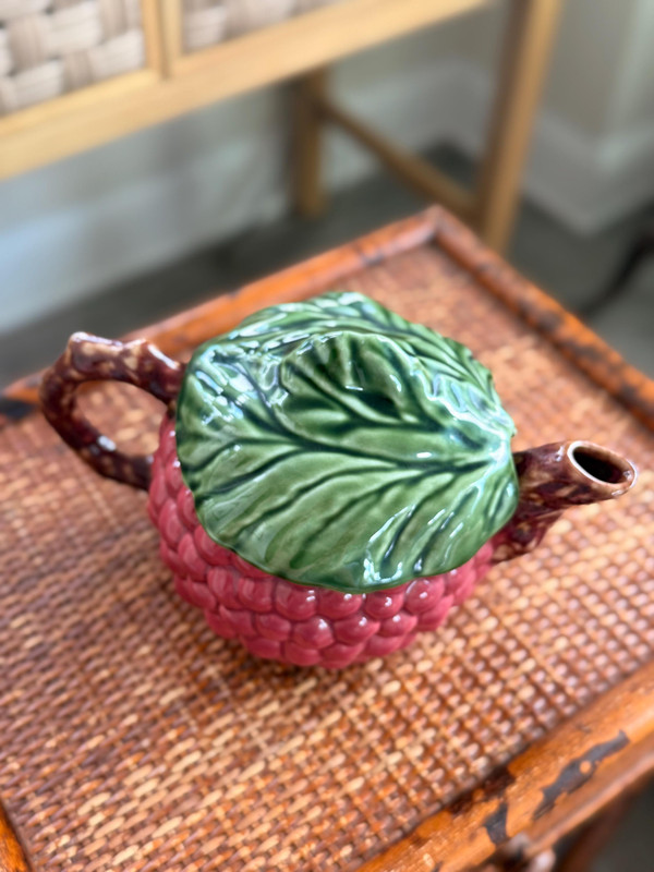 Vintage Majolica Raspberry Teapot | Grandmillennial Decor | Gift for Tea Lover | Portugal Pottery | 1990s Tableware
