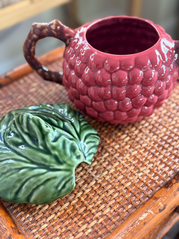 Vintage Majolica Raspberry Teapot | Grandmillennial Decor | Gift for Tea Lover | Portugal Pottery | 1990s Tableware