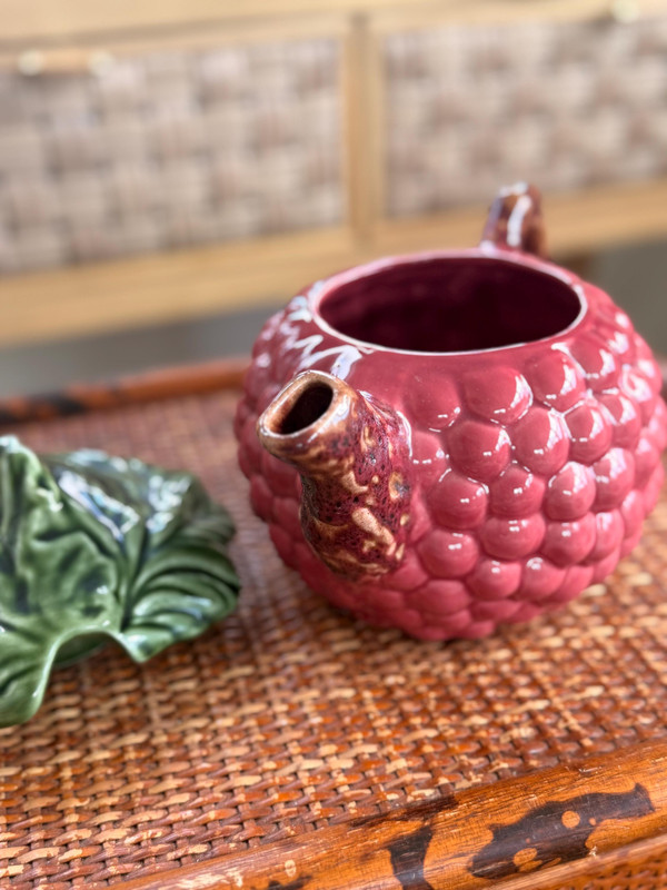 Vintage Majolica Raspberry Teapot | Grandmillennial Decor | Gift for Tea Lover | Portugal Pottery | 1990s Tableware