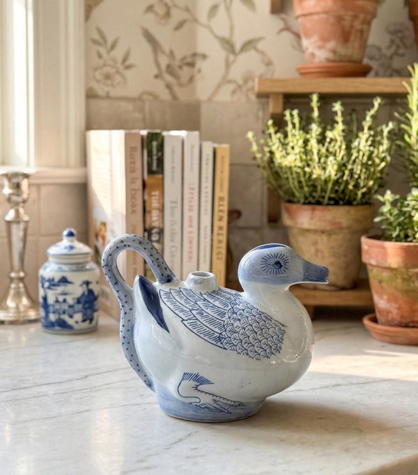 Vintage Blue White Ceramic Duck Kendi | Chinoiserie Grandmillennial Decor