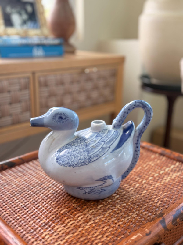 Vintage Blue White Ceramic Duck Kendi | Chinoiserie Grandmillennial Decor