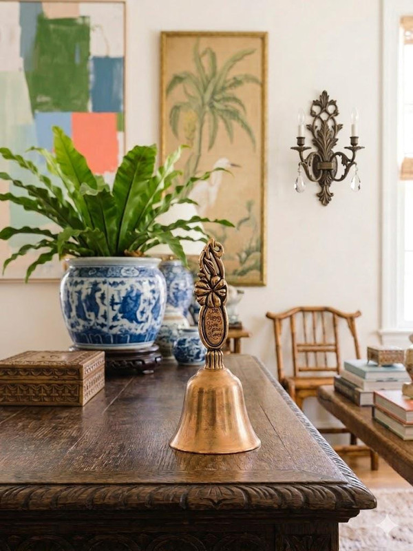 Vintage Brass Call Bell | Mid Century Chinoiserie Desk Accessory | 1960s Floral Motif