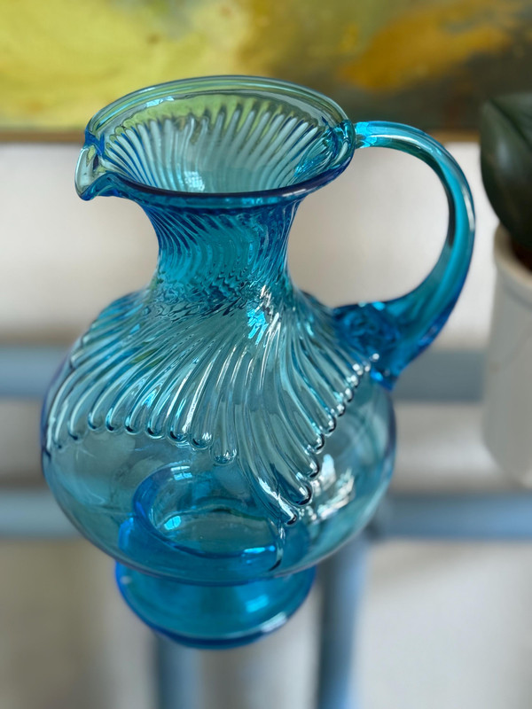 Vintage Aqua Blue Ribbed Hand Blown Glass Pitcher | MCM Art Glass Carafe