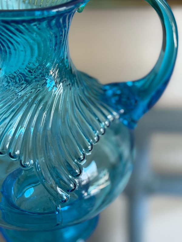 Vintage Aqua Blue Ribbed Hand Blown Glass Pitcher | MCM Art Glass Carafe