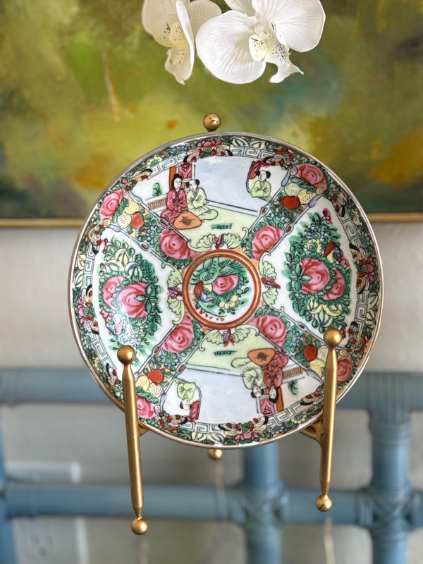 Mid-Century Famille Rose Medallion Shallow Bowl | Chinoiserie Mantel Accent | Decorated Hong Kong