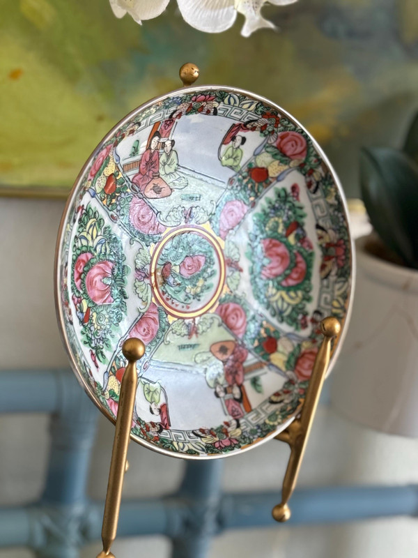Mid-Century Famille Rose Medallion Shallow Bowl | Chinoiserie Mantel Accent | Decorated Hong Kong