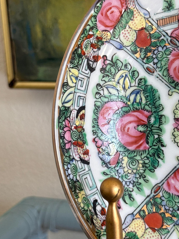 Mid-Century Famille Rose Medallion Shallow Bowl | Chinoiserie Mantel Accent | Decorated Hong Kong
