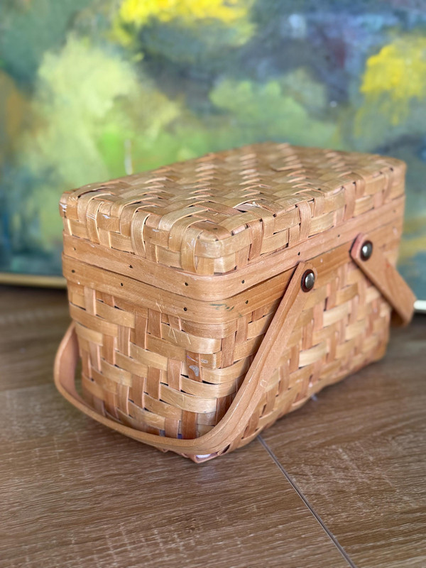 Vintage Woven Wood Picnic Basket | Mid Century Cottagecore Keepsake Box