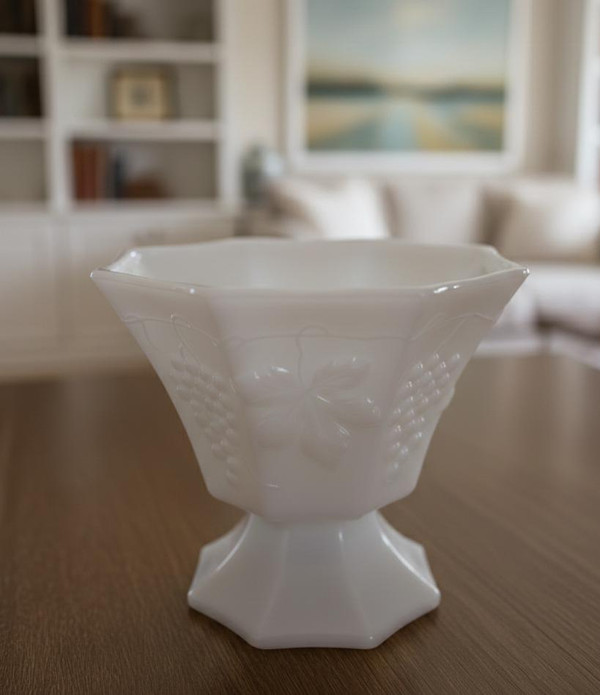 1950s Milk Glass Footed Bowl | Grape Harvest Pedestal Dish | Mid-Century Grandmillennial Decor