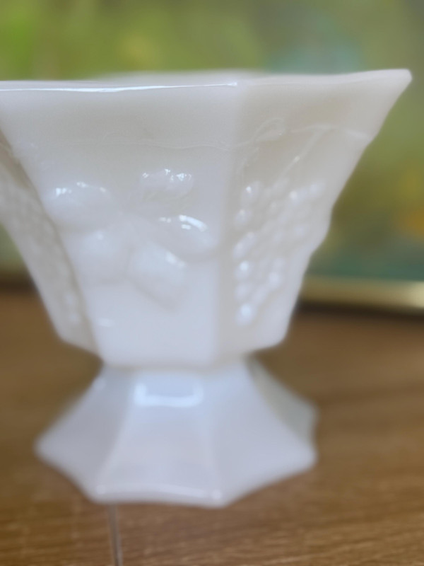 1950s Milk Glass Footed Bowl | Grape Harvest Pedestal Dish | Mid-Century Grandmillennial Decor