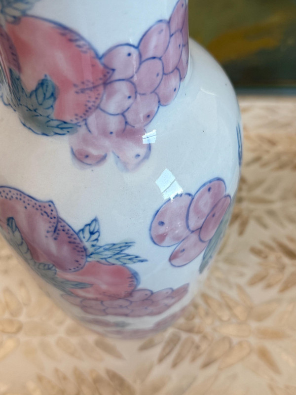 Vintage Chinoiserie Fruit Vase | Hand-Painted Peaches Grapes Porcelain Flower Holder