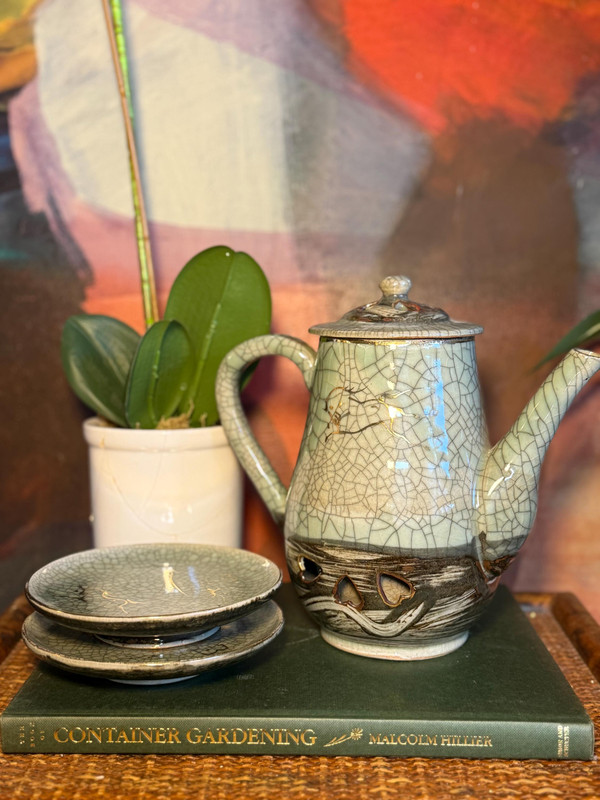 Vintage Japanese Somayaki Double-Walled Teapot & Saucer Set | Gold Sacred Horse | Celadon Crackle Glaze