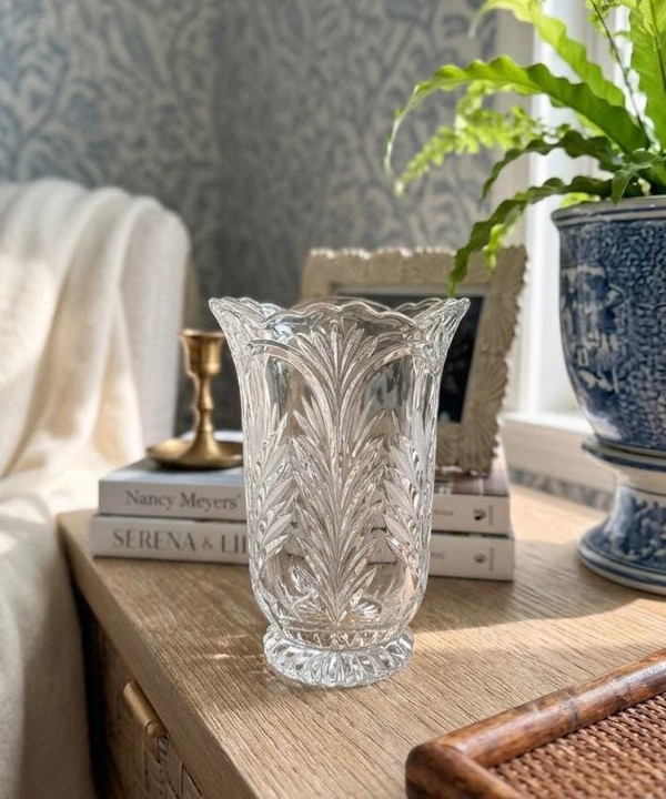 Vintage Crystal Wheat Sheaf Vase | Hand-Cut Etched Glass, Regency Style Home Accent