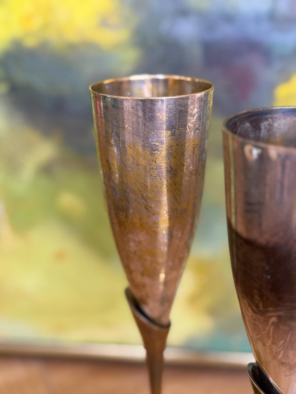 Vintage Brutalist Brass Flutes | Mid Century Modern Toasting Glasses (Set of 2)