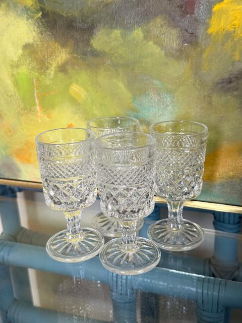 Vintage Crystal Footed Shot Glasses | Set of 4 | 1960s Diamond Cut Barware