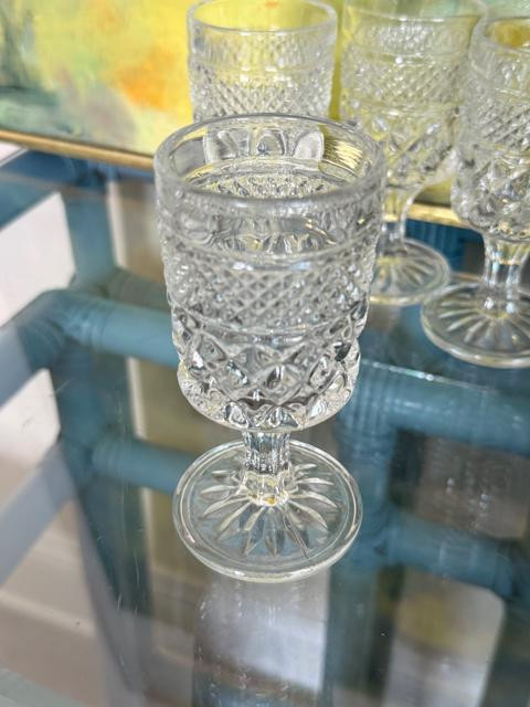 Vintage Crystal Footed Shot Glasses | Set of 4 | 1960s Diamond Cut Barware