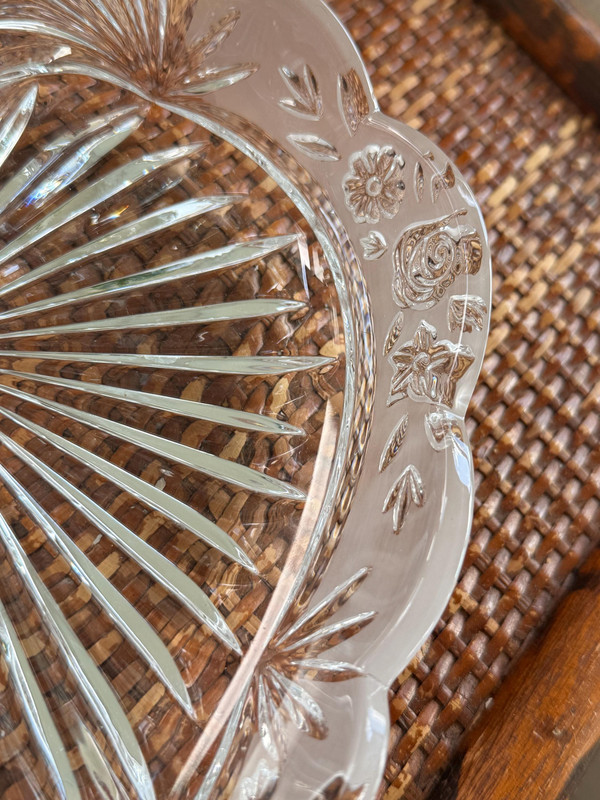 Vintage 1940s Crystal Heart Dish | Scalloped Floral Etched Vanity Tray