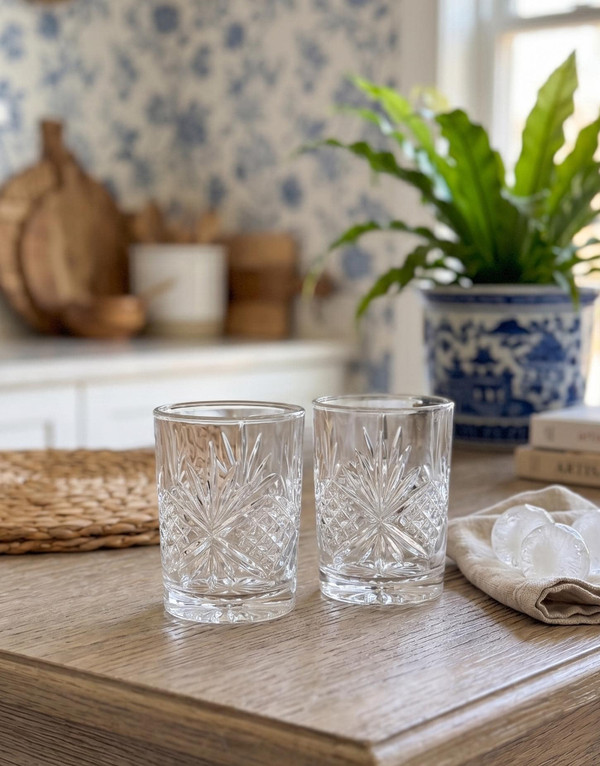 Vintage Cut Glass Starburst Rocks Glasses | Mid-Century Barware Pair