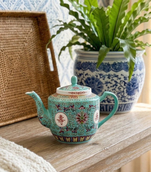 Vintage Turquoise Famille Rose Teapot | Mun Shou Longevity Style Chinoiserie Decor