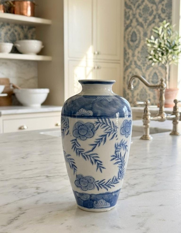 Blue White Chinoiserie Porcelain Bud Vase | Hand-Painted Floral Mantle Decor