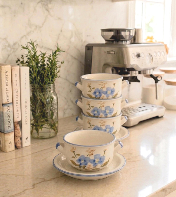 Vintage Blue Floral Soup Bowls with Saucers | 1970s Chi Jiang China Set