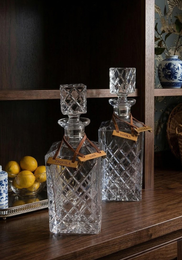 Vintage Crystal Decanter Set | Diamond-Cut Barware, Mid-Century Modern Home Bar, 1960s Glassware