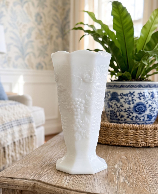 Vintage Westmoreland Milk Glass Vase | Paneled Grape Pattern, 1950s Pedestal Home Decor