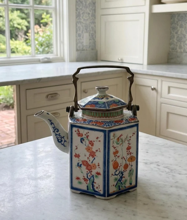 Vintage Chinoiserie Teapot | 1960s Kutani Style Porcelain Tea Kettle Brass Handle