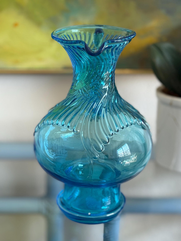 Vintage Aqua Blue Ribbed Hand Blown Glass Pitcher | MCM Art Glass Carafe