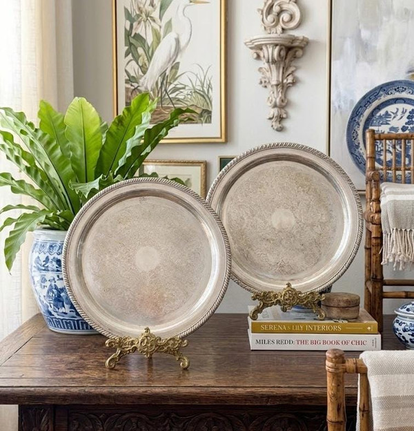 Leonard Silver Plate Round Platters | Rope Edge Floral Mandala Serving Trays (Set of 2)