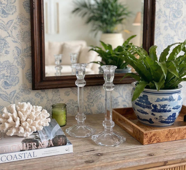Vintage 1970s Crystal Candlesticks | Hexagonal Taper Holders, Nancy Meyers Decor