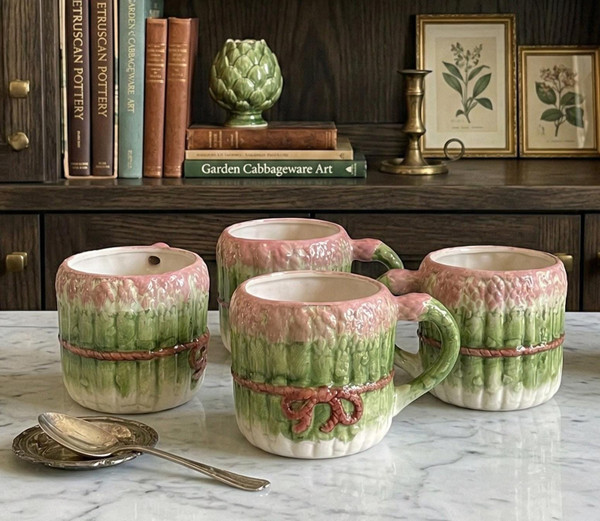 Vintage Asparagus Majolica Mugs | Set of 4 | 1980s Postmodern Botanical Tea Cups