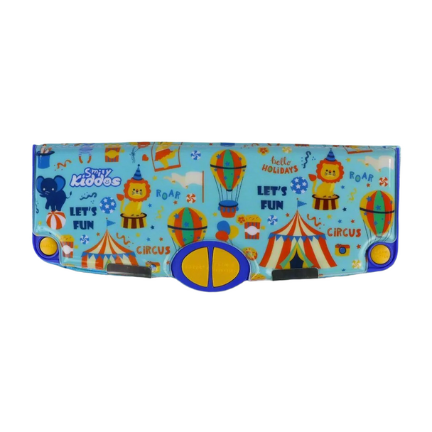 Smily Kiddos circus-themed kids pencil box with colorful illustrations of animals, balloons, and tents – fun stationery for school