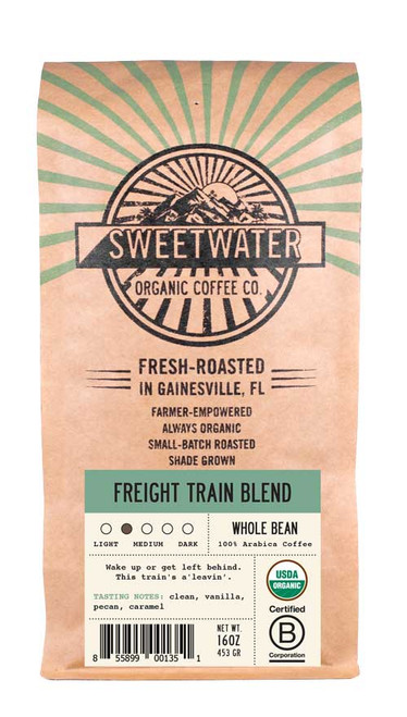 16 oz bag of Freight Train Blend fair trade, organic, shade grown coffee.