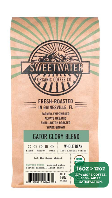 16 oz bag of Gator Glory Blend fair trade, organic, shade grown coffee. Badge reads: 16oz is greater than 12oz, 33% more coffee, 100% more satisfaction.